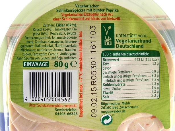 Rügenwalder vegetarische Paprika Wurst - Zutaten